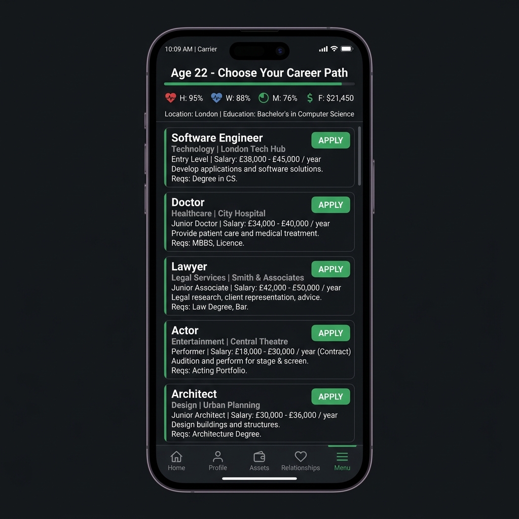BitLife career choices screen showing job options