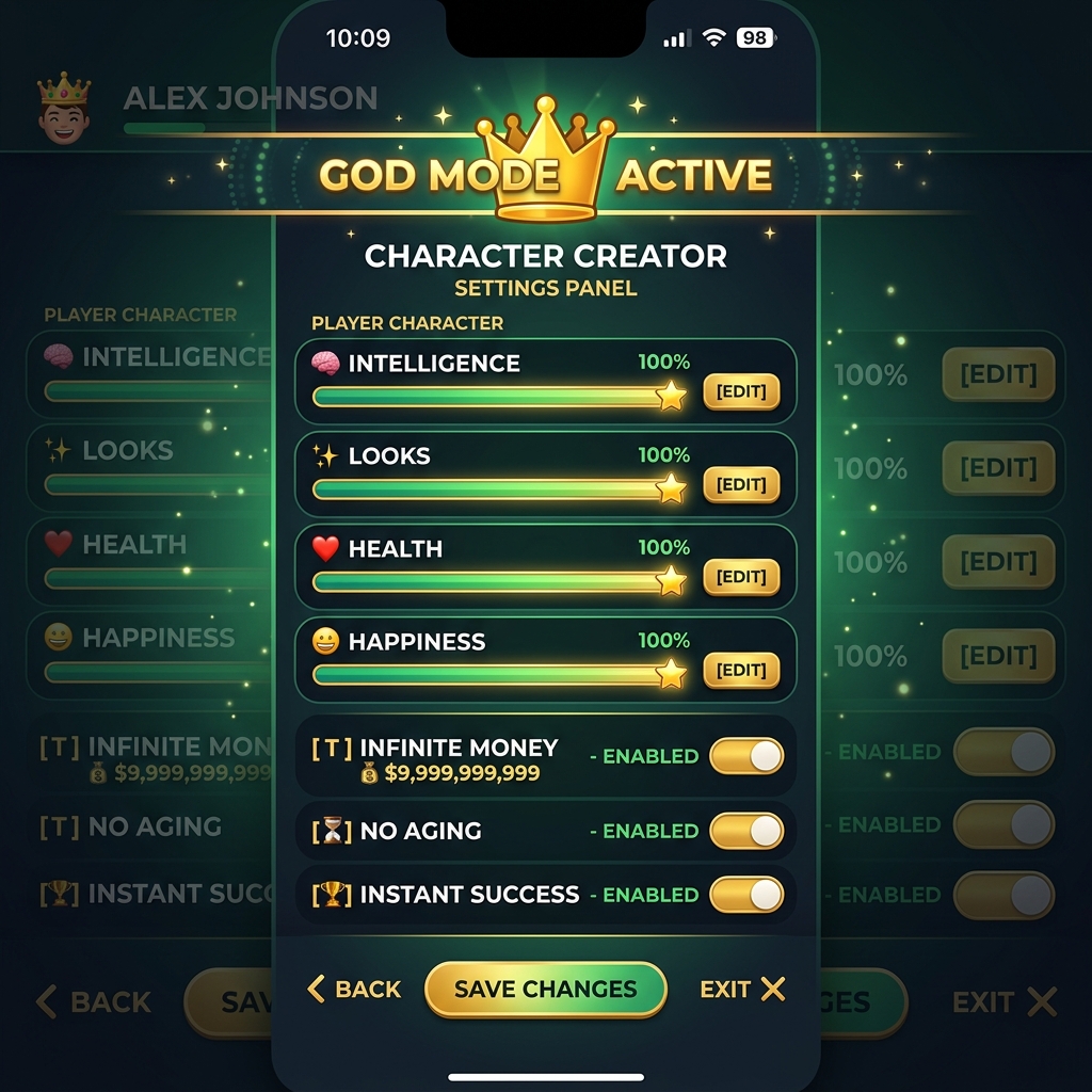 BitLife God Mode settings panel with character stats