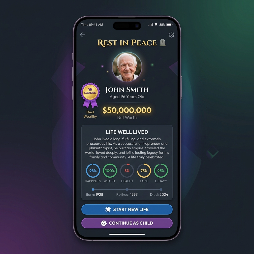 BitLife death screen showing ribbon award and legacy