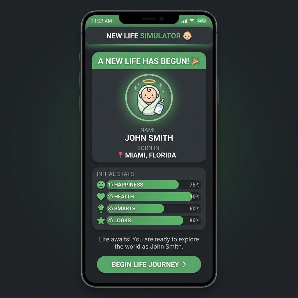 BitLife birth screen showing new character stats