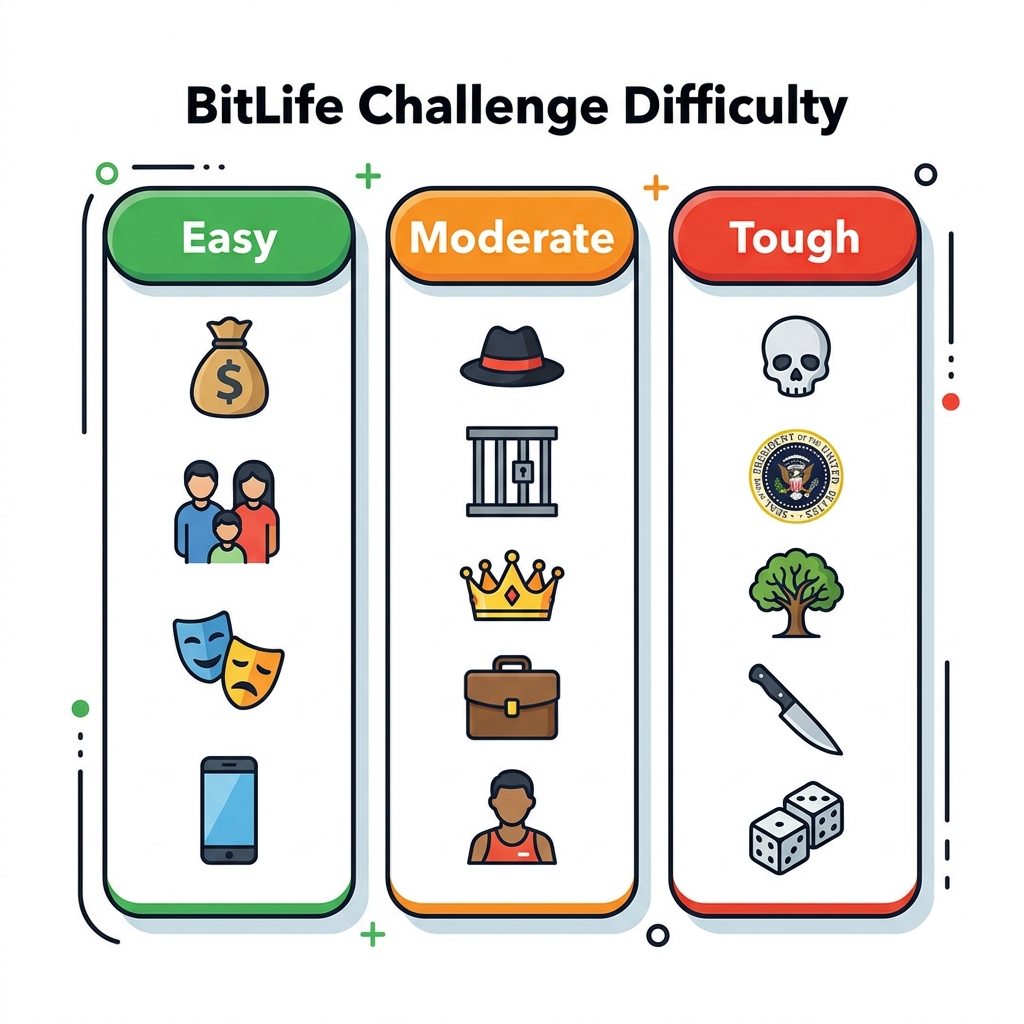 BitLife Challenge Difficulty Chart - Easy, Moderate, and Tough challenges infographic