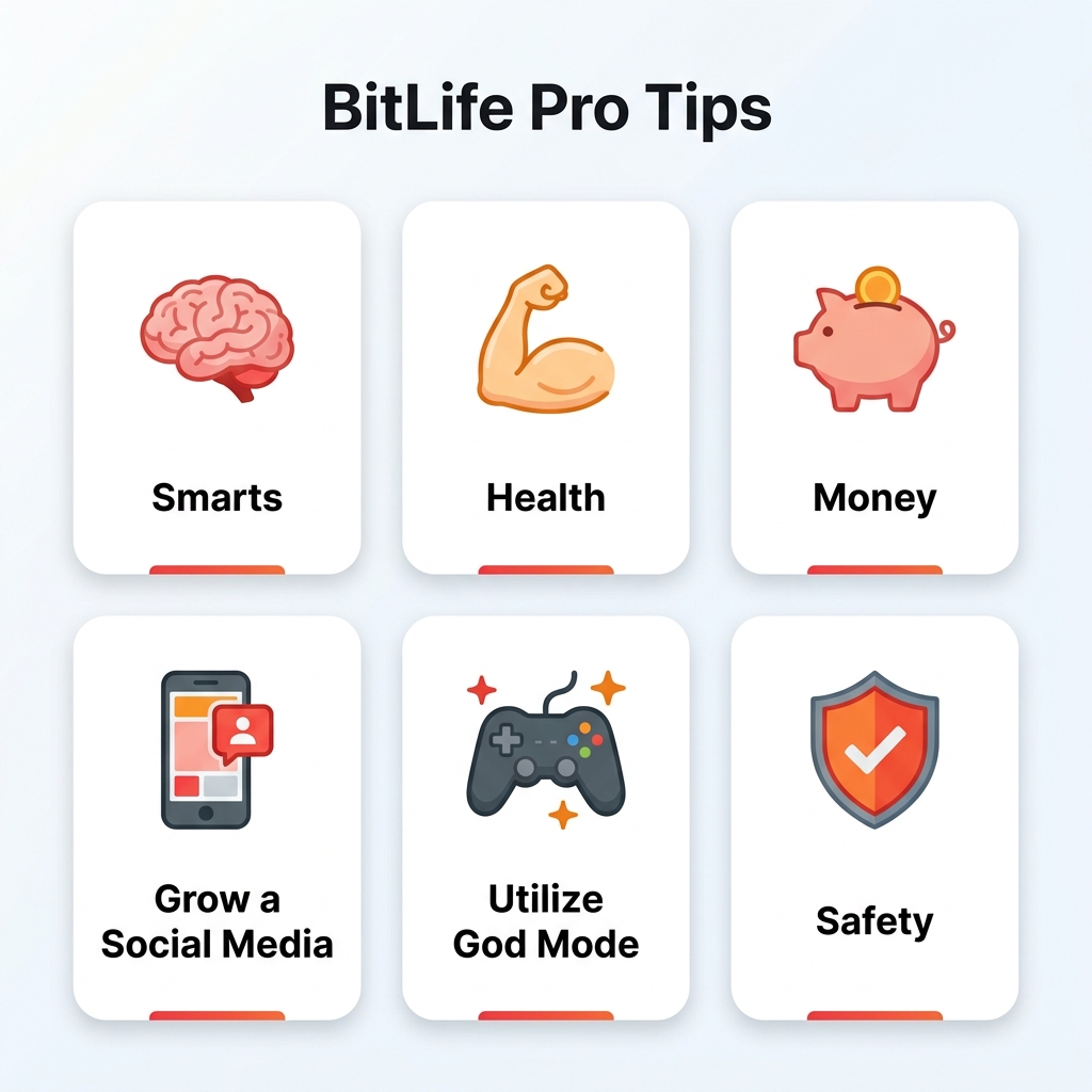 BitLife Pro Tips Infographic - 6 essential tips for mastering challenges